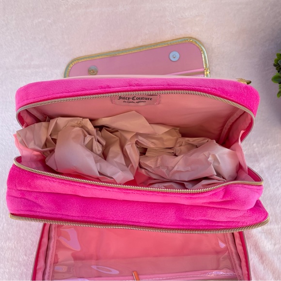 NEW Juicy Couture Hot Pink and Metallic Gold Velour Makeup Bag Case - Picture 7 of 9